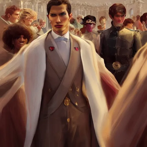 Image similar to close up of a regal prince surrounded by a crowd of angry people. the prince has sharp cheekbones, white clothes, high collar, wistful melancholic hopeful expression. super details, modern digital art, matte painting, science fiction