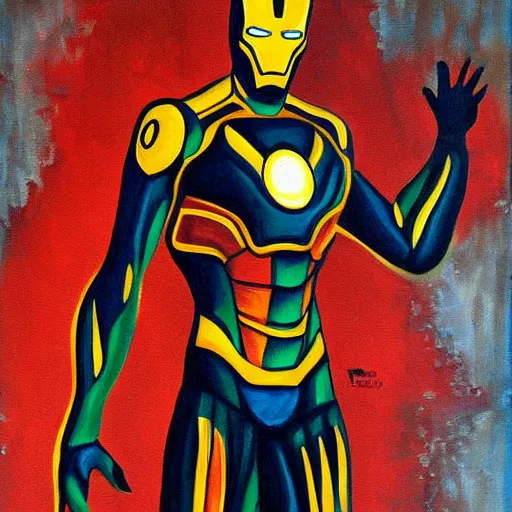 Image similar to death-camp-survivor-super-skinny-emaciated-horribly-skinny-Laughing-Cheerfully-Iron-Man painting by Thomas-Montacellinio