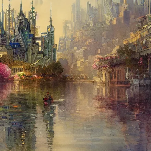 Image similar to a beautifull intricate watercolour painting of a floating ciberpunk cityscape with many flowers, reflexions, verry high details by william turner art, greg rutkowski and alphonse mucha, trending on artstation, very very detailed, masterpiece, - h 7 0 4