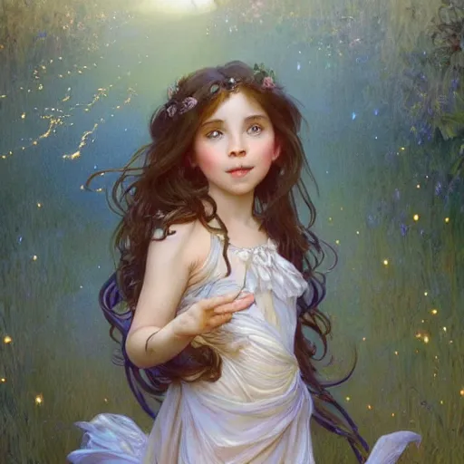 Prompt: A little girl with shoulder length curly brown hair with a happy expression wearing a summer dress dancing with fireflies, she is in the distance. beautiful fantasy art by By Artgerm and Greg Rutkowski and Alphonse Mucha, trending on artstation.