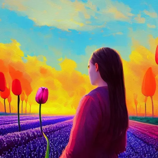 Image similar to girl with a giant tulip head, surreal photography, flower field, sunset dramatic light, impressionist painting, colorful clouds, blue sky, digital painting, artstation, simon stalenhag