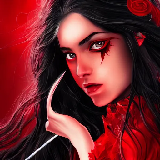 Prompt: stunning comic book style portrait painting of Long Black Haired beautiful woman wearing red dress, red eyes, holding black blade, in the style of WLOP, 8k masterpiece, cinematic lighting, pristine clean design, high fantasy, insanely detailed, atmospheric,