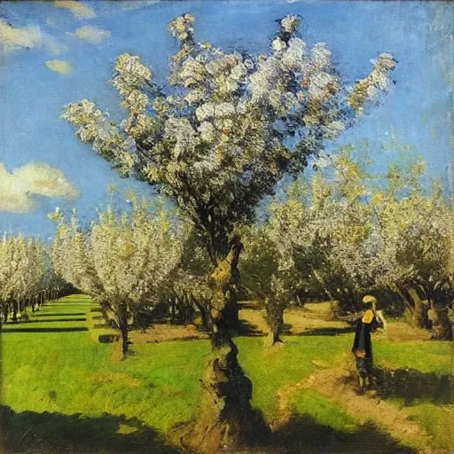 Prompt: by john lavery kokedama, vignetting expressive, shadowy. a beautiful installation art depicting a farm scene. the installation art shows a view of an orchard with trees in bloom.