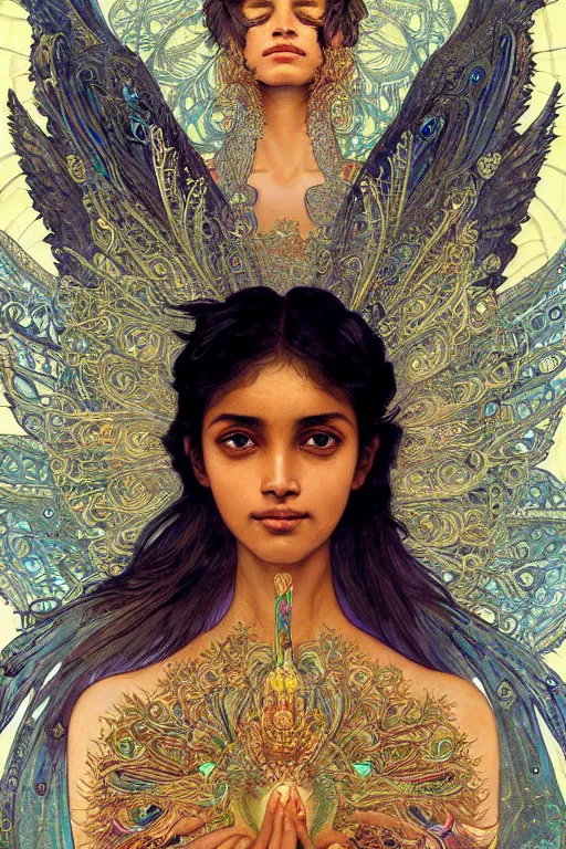 Image similar to Sri lankan girl as a winged angel covered in eyes with glowing halo, iridescent, seraphim, fantasy, intricate, elegant, highly detailed, digital painting, artstation, concept art, smooth, sharp focus, illustration, art by Krenz Cushart and Artem Demura and alphonse mucha