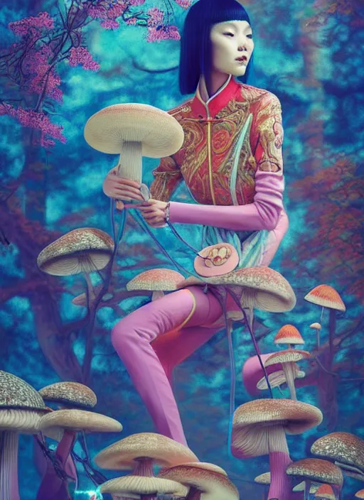 Prompt: pretty chinese model with futuristic mushroom : : by martine johanna and simon stalenhag and chie yoshii and casey weldon and wlop : : ornate, dynamic, particulate, rich colors, intricate, elegant, highly detailed, vogue, harper's bazaar art, fashion magazine, smooth, sharp focus, 8 k, octane render,