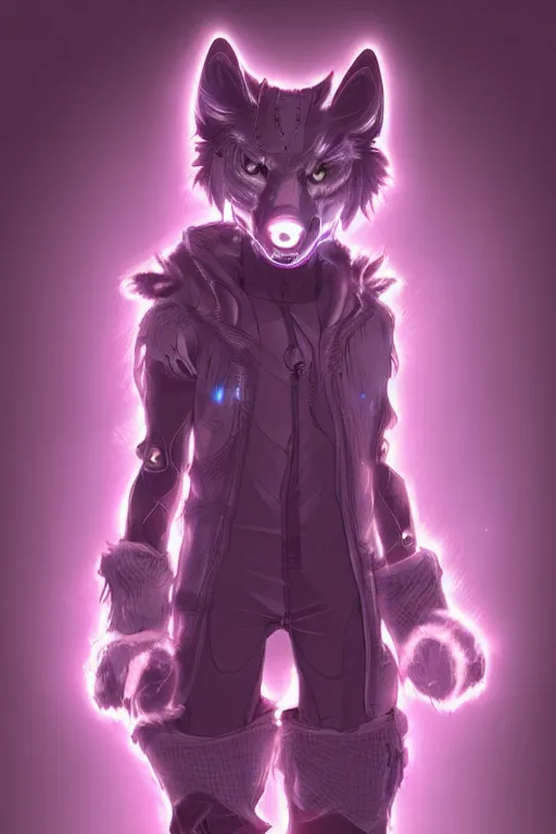 Image similar to a cyberpunk anthropomorphic wolf with a fluffy tail, comic art, trending on furaffinity, cartoon, kawaii, backlighting, furry art!!!, neon, concept art