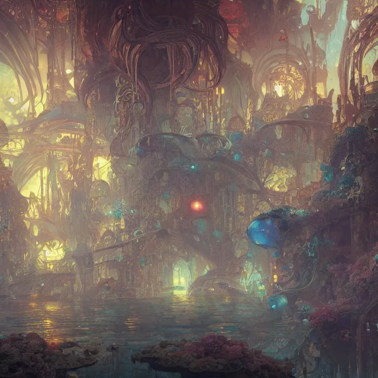 Image similar to a beautiful painting of the city of atlantis, with glowing lights, corals and jellyfish, intricate, elegant, highly detailed, digital painting, artstation, concept art, by krenz cushart and artem demura and alphonse mucha