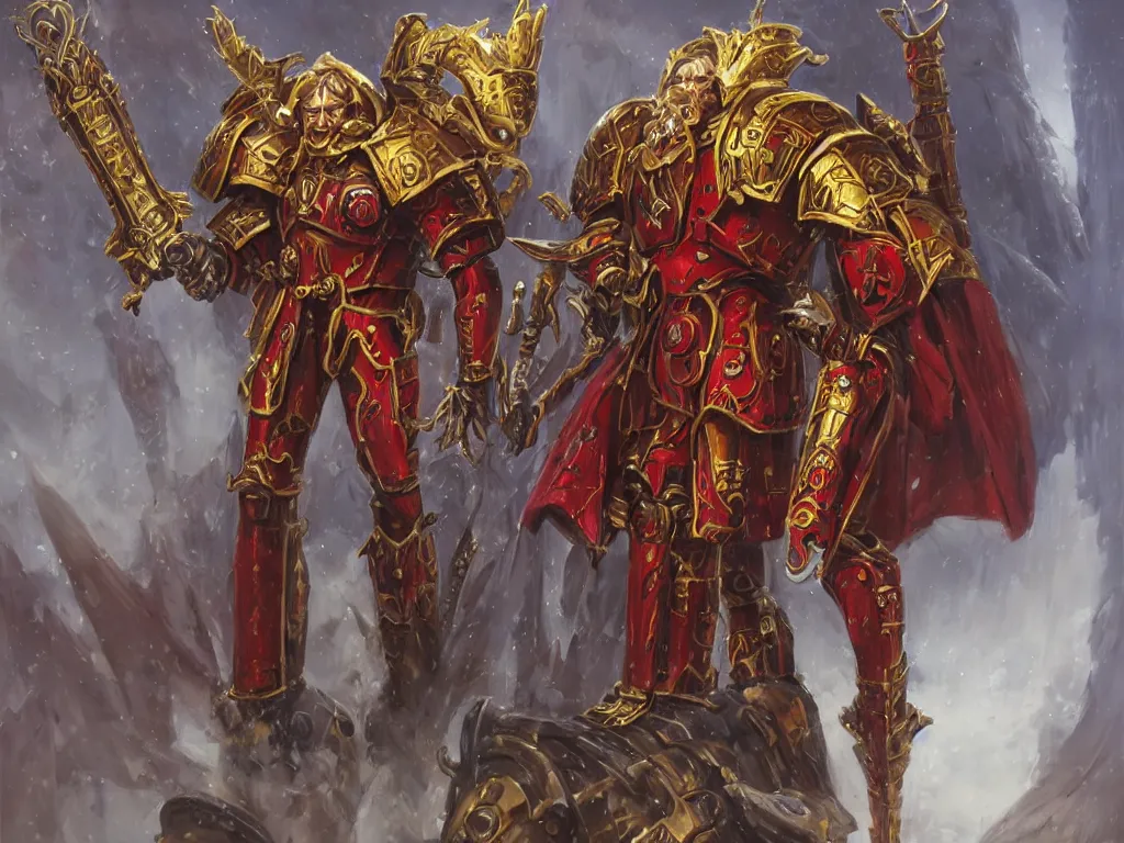 Prompt: a tall and imposing Warhammer 40k paladin in red black and gold armor, glorious LONG BLOND hair, by Ivan Aivakovsky, by Boris Vallejo, epic fantasy character art, D&D Concept Art, full length, Realistic, Regal, Refined, Detailed Digital Art, Oil Paining, Exquisite detail, post-processing, masterpiece, Cinematic Lighting, Unreal Engine, 8k, HD
