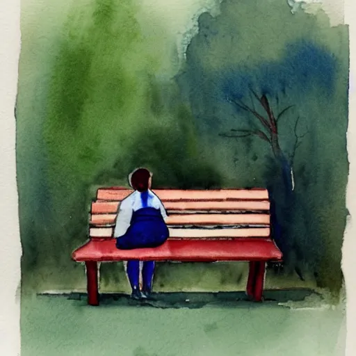 Prompt: a couple sitting on a park bench, watercolor
