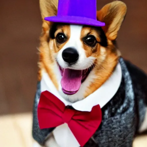 Image similar to a corgi wearing a purple party hat and a red bowtie