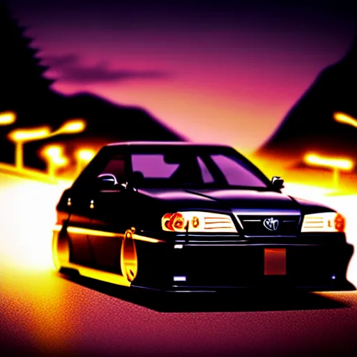 Image similar to a car drifting Toyota JZX100 in middle of road, gunma prefecture, city sunset, cinematic color, photorealistic, highly detailed, bokeh