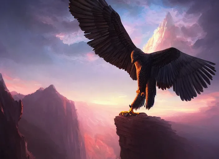 Image similar to majestic eagle made out of light soars over a canyon of darkness, sunset, beautiful, extremely detailed, concept art, artgerm, trending on artstation, powerful imagery, award - winning, fantasy aesthetic,