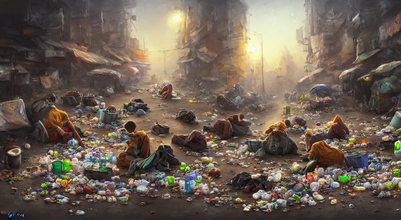 Prompt: painting of group of hungry alien snails homeless at dinner in a garbage dump, full of electronic garbage and dirty disorder, strong dest, sharp edges, reflections, raytracing, raymarching, subsurface scattering, digital art, painted by taras susak