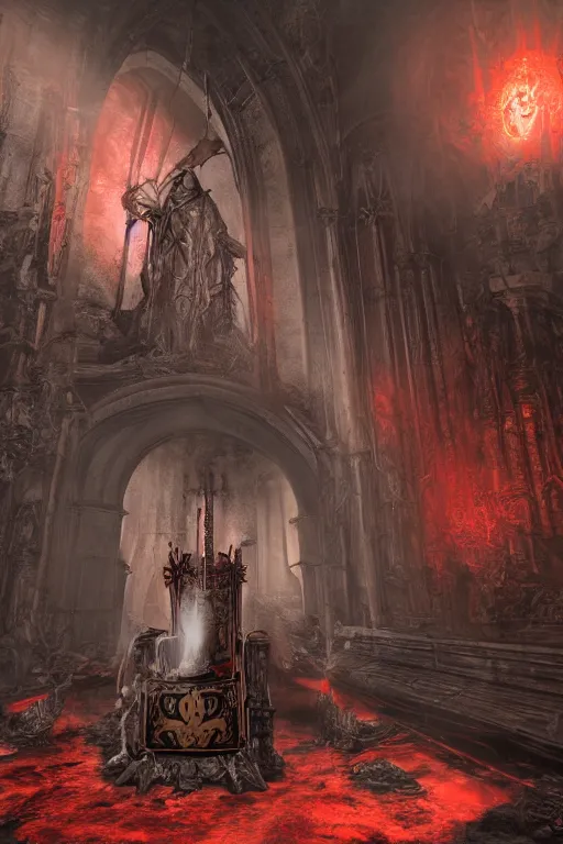 Image similar to Path of Exile, Sirius, bronze face, red eyes, male image with bronze black armor, sitting on the throne, inside the ruined gothic church, black shadows, dark red bloody fog fly around, [[blood]], Anachronism, painting, dark fantasy, steampunk, 4k, perfect quality,