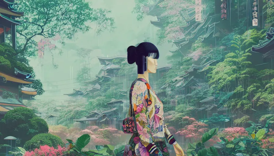 Image similar to a digital painting of a woman in the distance wearing gucci exploring a magical japanese temple, lush plants and flowers, eco - cyberpunk art by james jean, cgsociety, retrofuturism, anime aesthetic, chromatic, iridescent, uhd