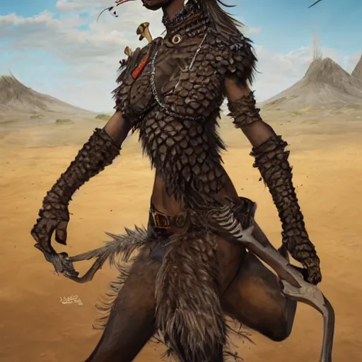 Image similar to portrait of a female hyena woman, furry pelt, long ears, black ponytail, steel armor, in a desert, strong, fierce, fantasy, intricate, elegant, highly detailed, digital painting, artstation, concept art, character art, smooth, sharp focus, illustration, art by steve argyle and tyler jacobson and peter mohrbacher
