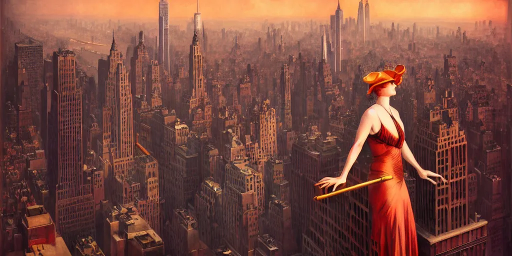 Image similar to a woman standing on a ledge overlooking an axonometric 1920s New York City at dawn, by Rolf Armstrong and Evelyn De Morgan and Bastien Lecouffe-Deharme, dramatic lighting, high contrast colors, baroque, empyrean, panoramic view, as trending on Artstation, highly detailed, doom engine,