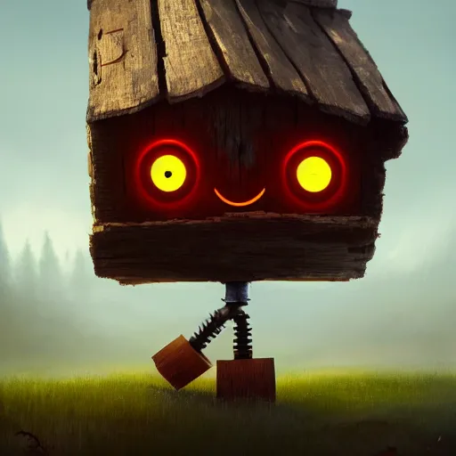 Image similar to a walking cute wood house with two mechanical legs and two glowing eyes and a mouth, rust, hyperrealistic, pareidolia, highly detailed, cinematic, single ray of sun, fog, beautiful, cgssociety, artstation, 8 k, oil painting