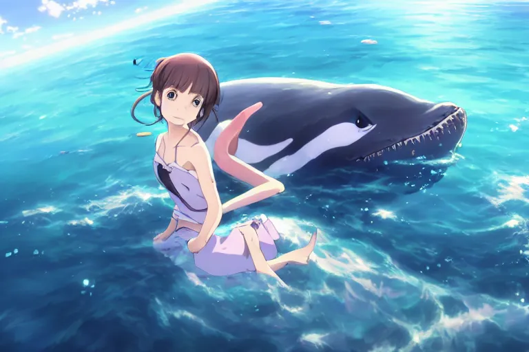 Image similar to a panorama view under the water, anime art full body portrait character concept art, hyper detailed cg rendering of a cute girl and whale, anime key visual of children of the sea, finely detailed perfect face, style of raphael lacoste, makoto shinkai, violet evergarden, studio ghibli, james jean, hayao miyazaki, extremely high quality artwork