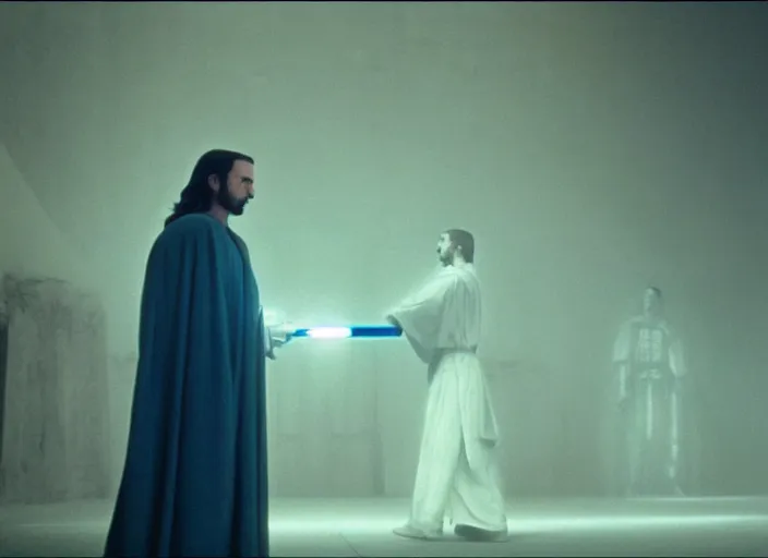 Prompt: screenshot of the force ghost glowing blue spirit of qui gon jinn speaking to Luke skywalker, in a hazy lit ancient Jedi cathedral, screenshot from the 1970s star wars thriller directed by stanley kubrick, Photographed with Leica Summilux-M 24 mm lens, ISO 100, f/8, Portra 400, kodak film, anamorphic lenses