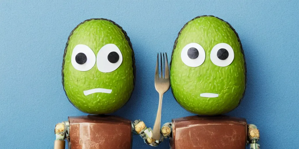 Image similar to robot with avocado head and cute eyes that has forks instead of arms