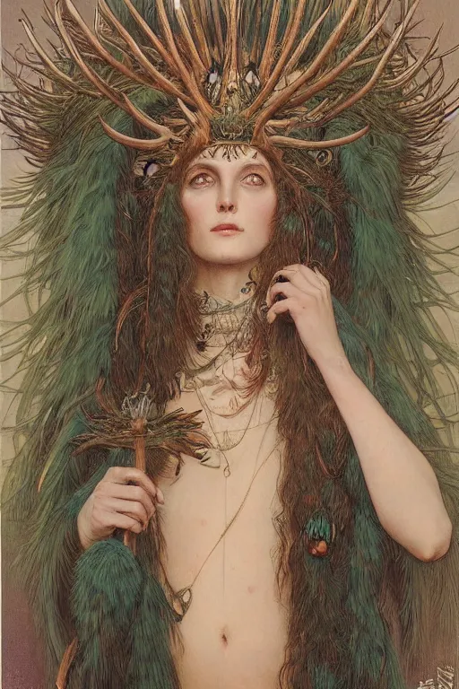 Image similar to a detailed portrait of a green haired brown eyed queen of feathers with an antler crown by wayne barlowe and mucha