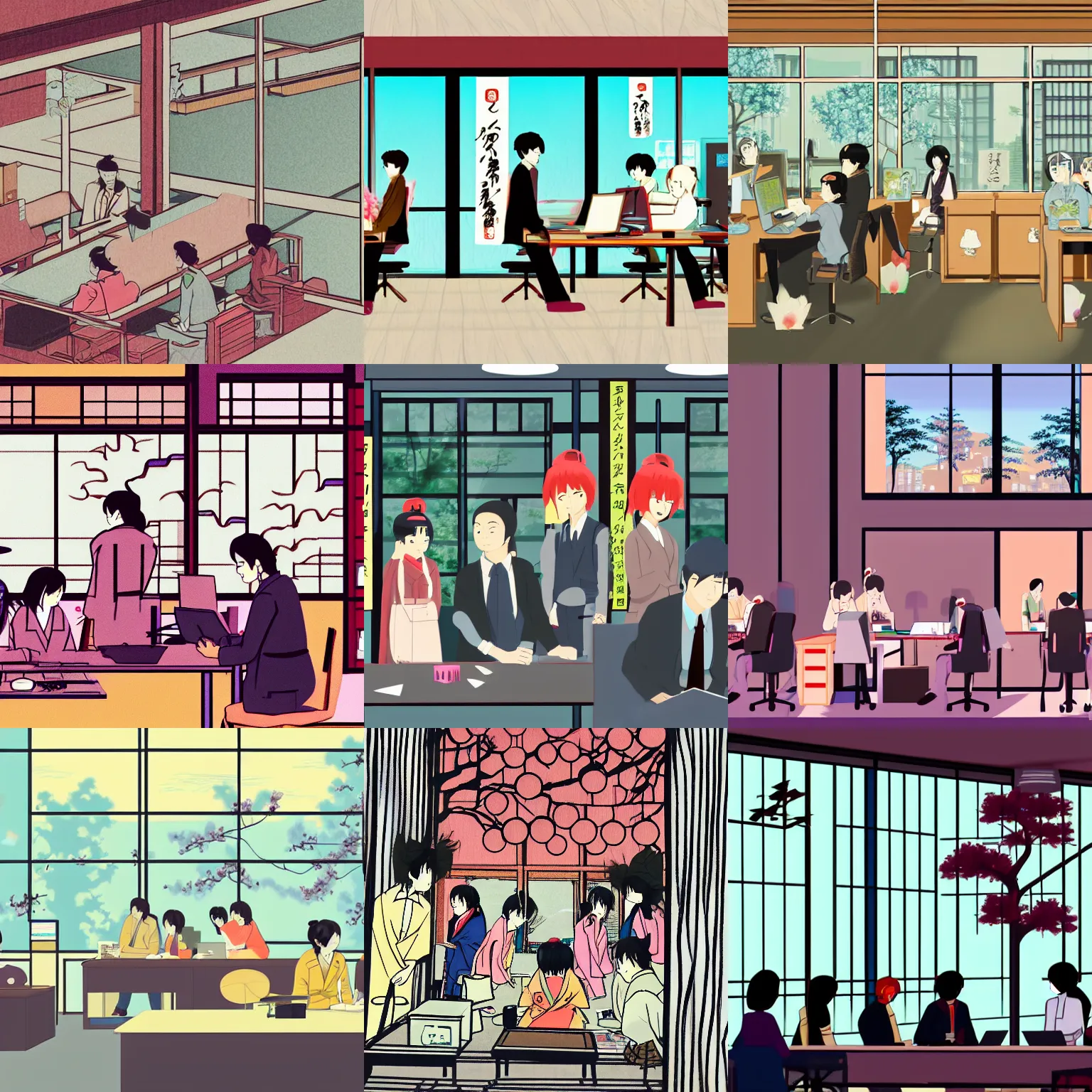 Prompt: a group of yokai in a modern japanese office, alongside human office workers. sakura trees can be seen through window. late afternoon light. anime style art.