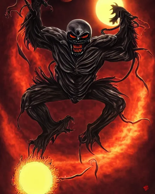 Image similar to the sun with venom's mouth and evil glowing eyes, dressed as the grim reaper, artwork by benjamin reichwald