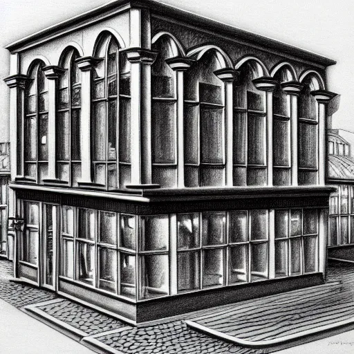 Image similar to drawing of mcdonalds restaurant building, highly detailed, smooth, sharp focus, drawing by m. c. escher