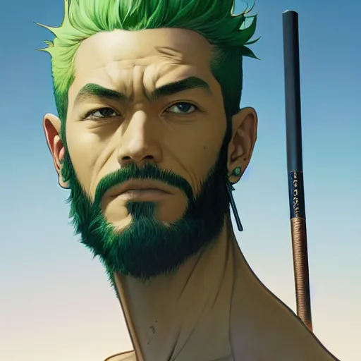 Image similar to highly detailed vfx portrait of roronoa zoro, stephen bliss, green hair, loish, rhads, beeple, makoto shinkai, tom bagshaw, alphonse mucha, sharp focus, art by artgerm and greg rutkowski, stanley kubrick, backlit, harsh overhead sunlight,