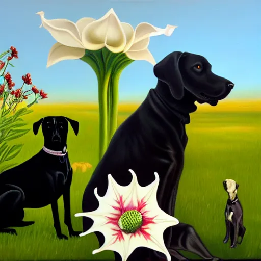 Image similar to oil painting of datura strammonium flowers with a vicious black dog in the foreground