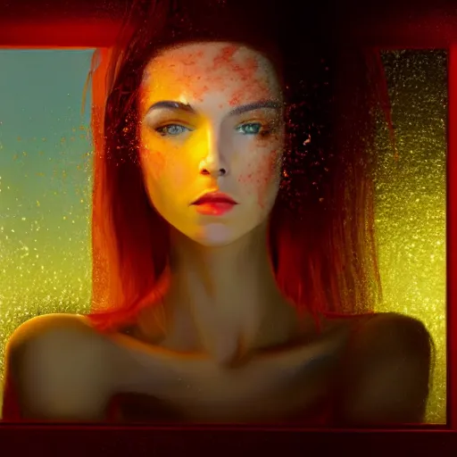 Prompt: Stephanie Petrey model with beautiful face and full body laying in a blood red pool of water between a bright golden glowing mirror frame, outside is space and inside the mirror frame is a beautiful landscape. Hyperrealistic surreal 4K IMAX Rene Margritte intricate, elegant, highly detailed, digital painting, artstation, concept art, smooth, sharp focus, illustration, art by artgerm, Francis bacon, HR Giger and greg rutkowski and alphonse mucha