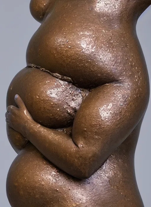 Prompt: a beautiful bronze sculpture of a pregnant woman with honeycomb cutouts pulling wet dripping honey from her womb