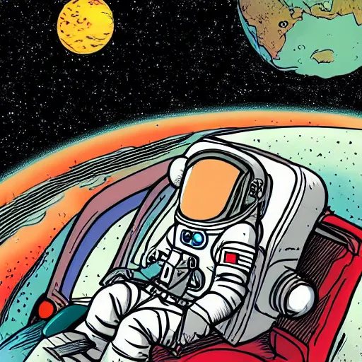 Image similar to bill watterson illustration of an astronaut drifting in space staring at the earth