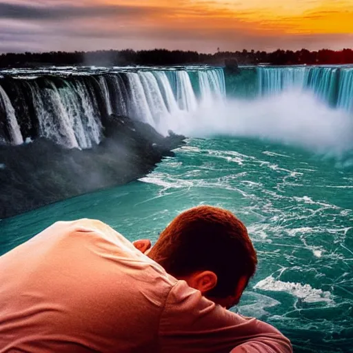 Image similar to highly detailed concept art of award winning cinematic still of close up of man reading the Bible at Niagara falls, waterfalls, colorful sunset, epic, cinematic lighting, dramatic angle, heartwarming drama directed by Steven Spielberg,