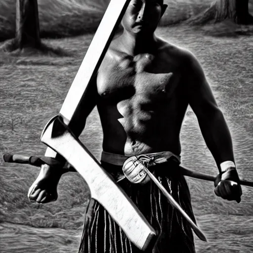 Prompt: A warrior holding a giant axe, black and white, by Ode Eiichiro
