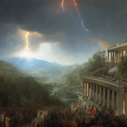 Image similar to Capitol Riot lead by marmots painted by Thomas Cole with dramatic lightning, concept art, matte painting, 8k, highly detailed, artstation