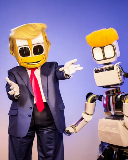 Prompt: Donald Trump as an animatronic Robot, Hyperreal, highly detailed hands and Face, Full Body, Studio Lighting, in the Style of Disney Imagineering