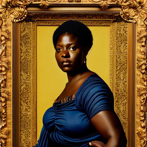 Image similar to A portrait of a thick powerful and gorgeous non-binary person, dark black skin tone, oil painting by Kehinde Wiley, majestic, detailed, high resolution