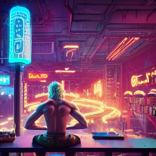 Prompt: shirtless blonde barbarian man sitting at a sci-fi neon city bar with a magic sword in his hand intricate artwork by Tooth Wu and wlop and beeple and Dan Mumford. Octane render, trending on artstation, greg rutkowski very coherent symmetrical artwork. Cinematic, hyper realism, high detail 8k