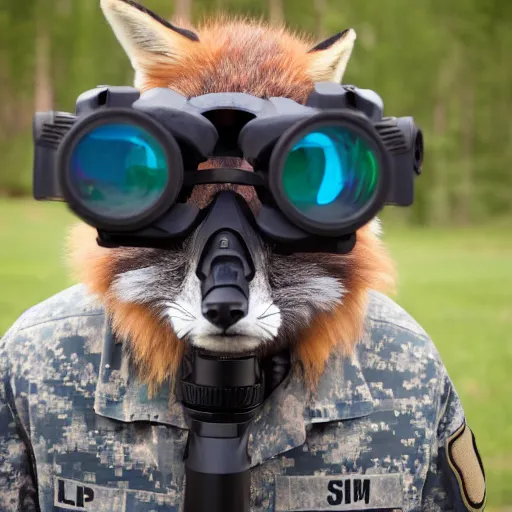 Image similar to a fluffy Fox dressed in a modern American military soldier uniform with night vision goggles, 85mm f/1.4