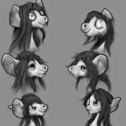 Image similar to 3/4 headshot of young female furry, D&D, cute, fantasy, intricate, long hair, dark grey skin, mouse face, mouse nose, mouse head, mouse ears, black hair, elegant, highly detailed, cartoony, artstation, concept art, smooth, sharp focus, illustration, art by Diives