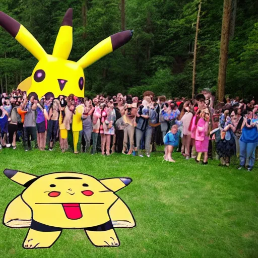Image similar to photograph of a group of people worshipping a giant pikachu in a forest
