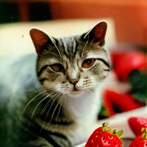 Image similar to 1 9 5 0 s kodachrome photograph of a cat eating strawberries. close up