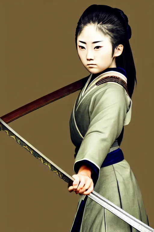 Image similar to highly detailed beautiful photo of a young female samurai, practising sword stances, symmetrical face, beautiful eyes, realistic anime art style, 8 k, award winning photo, pastels, action photography, 1 / 1 2 5 shutter speed, dramatic lighting