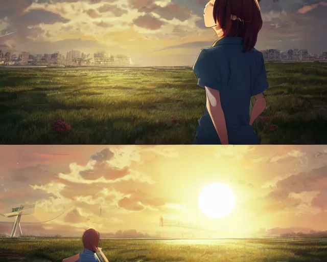 Image similar to teen looking at the sunset, wearing white collared shirt, back turned, looking up, illustration, by pine ( ハイネ ) and 薯 子 imoko and 香 川 悠 作 and wlop and maya takamura, highly detailed, trending artstation, pixiv, digital art