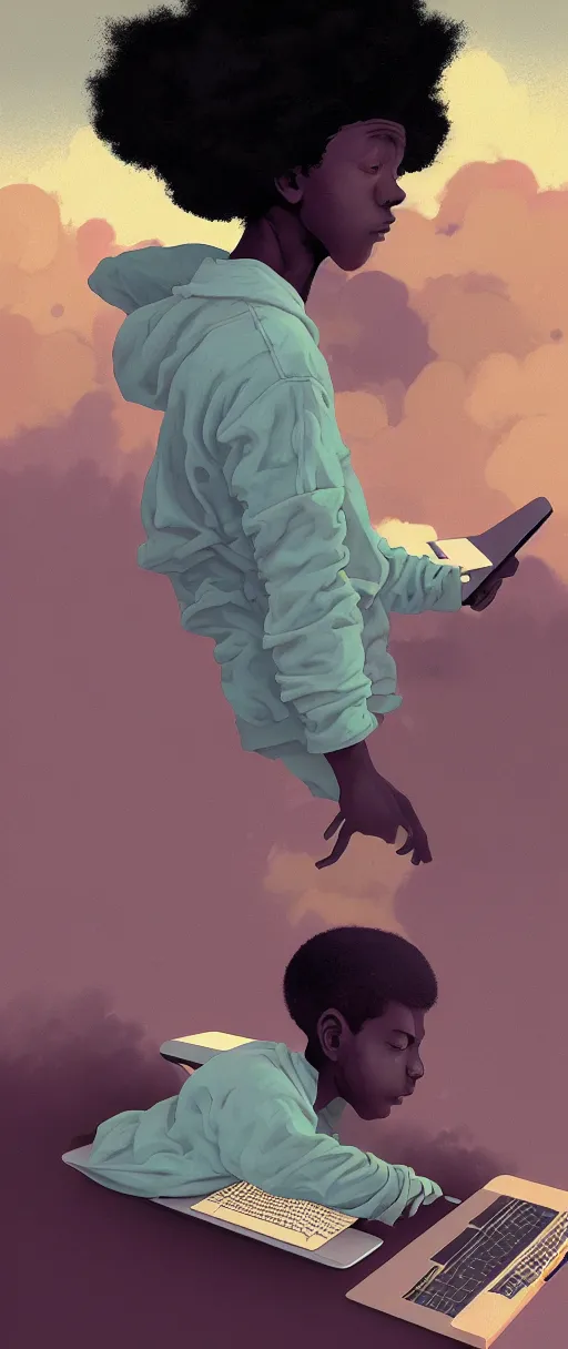 Prompt: digital painting of black teenager floating with his laptop - in the style of surrealism - art, by wlop, james jean, victo ngai! muted colors, very detailed, art fantasy by craig mullins, thomas kinkade cfg _ scale 8