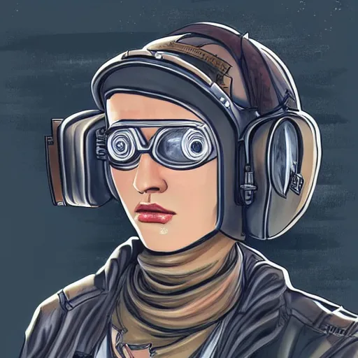 Image similar to highly detailed character concept art of stoic heroic emotionless square-jawed butch blonde tattooed woman engineer looking to side, wearing steampunk goggles and dirty ripped flight suit, on primitive planet, portrait, illustration, pulp sci fi, science fiction