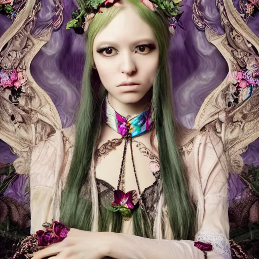 Prompt: Ethereal, mysterious stunning maximalist mesmerizing elven girl with elf ears from the rainbow sky paradise, high-tech, professional high fashion model photo shoot for Victorian gothic lolita fashion, hyperdetailed by Mark Ryden, artgerm, Hiroyuki-Mitsume Takahashi, WLOP, Goto Fujita, 奈良美智, Pixiv 3DCG, DAZ Studio, close-up 35mm macro shot, hyperrealism, 8k resolution 3D, cinematic, dynamic lighting, octane render, unreal engine 5