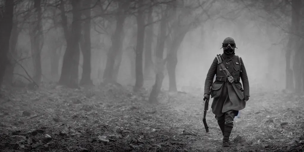Image similar to wwi soldier wearing a gas mask walking through smoke, centerscreen, 8 5 mm lens, no man's land, muddy, cinematic, atmospheric, shot on arri alexa